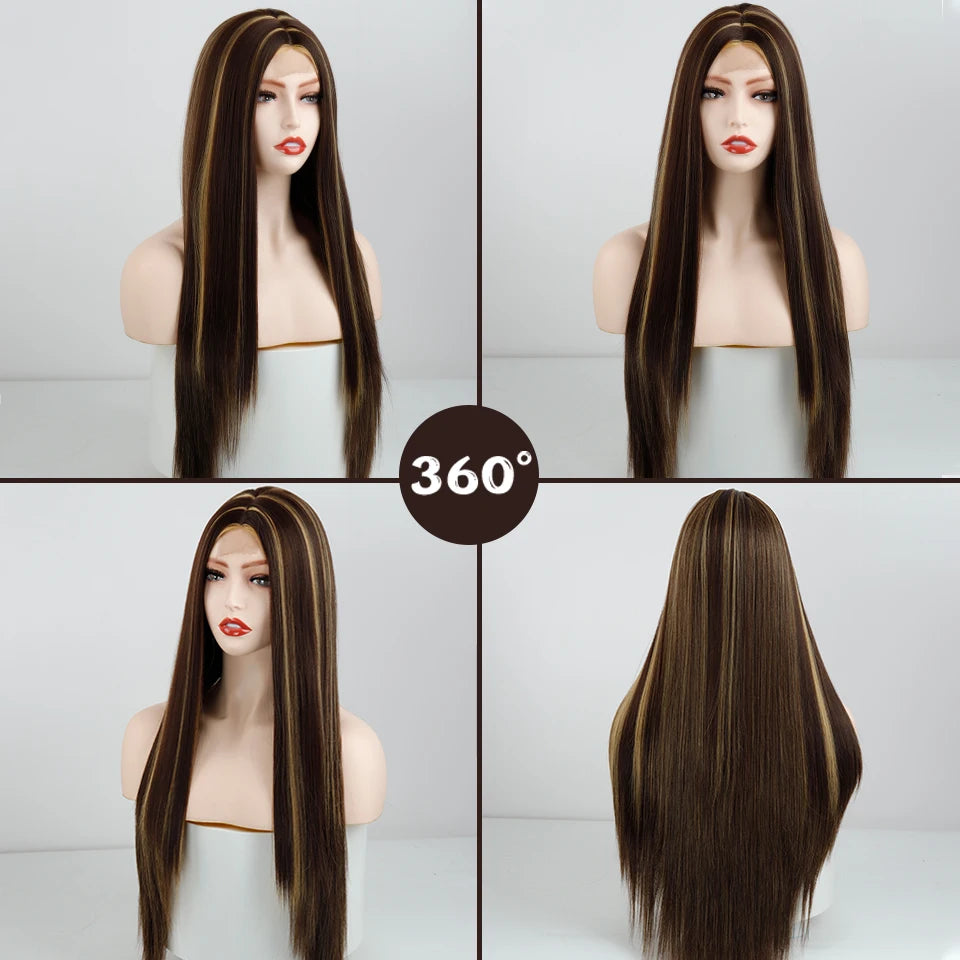 Synthetic Brown Mixed Blonde Long Straight Middle Part Wig