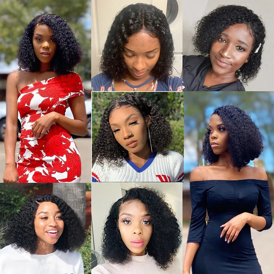 Malaysian Kinky Curly Lace Front Human Hair Wigs Short Curly Bob Wig PrePlucked