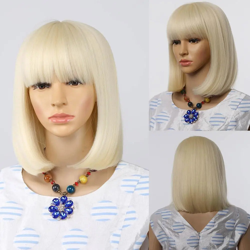 Straight Black Synthetic Wigs With Bangs