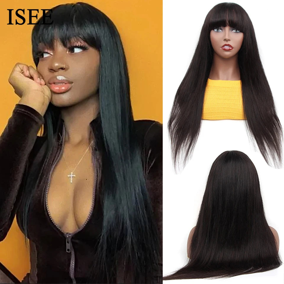 Brazilian Straight Wig With Bang Hair Wig Natural Color Glueless