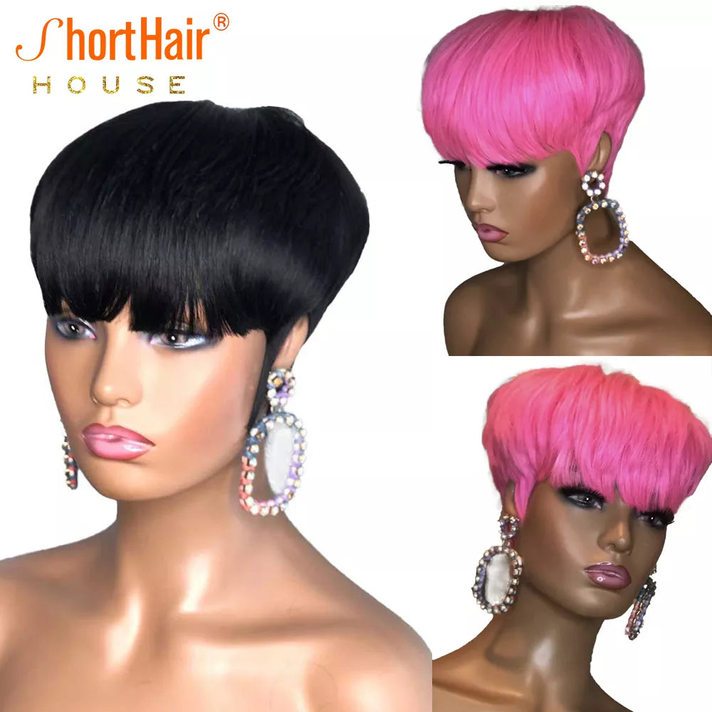 Pixie Short Cut Bob Wig with Bangs Brazilian Straight 100% Human Hair