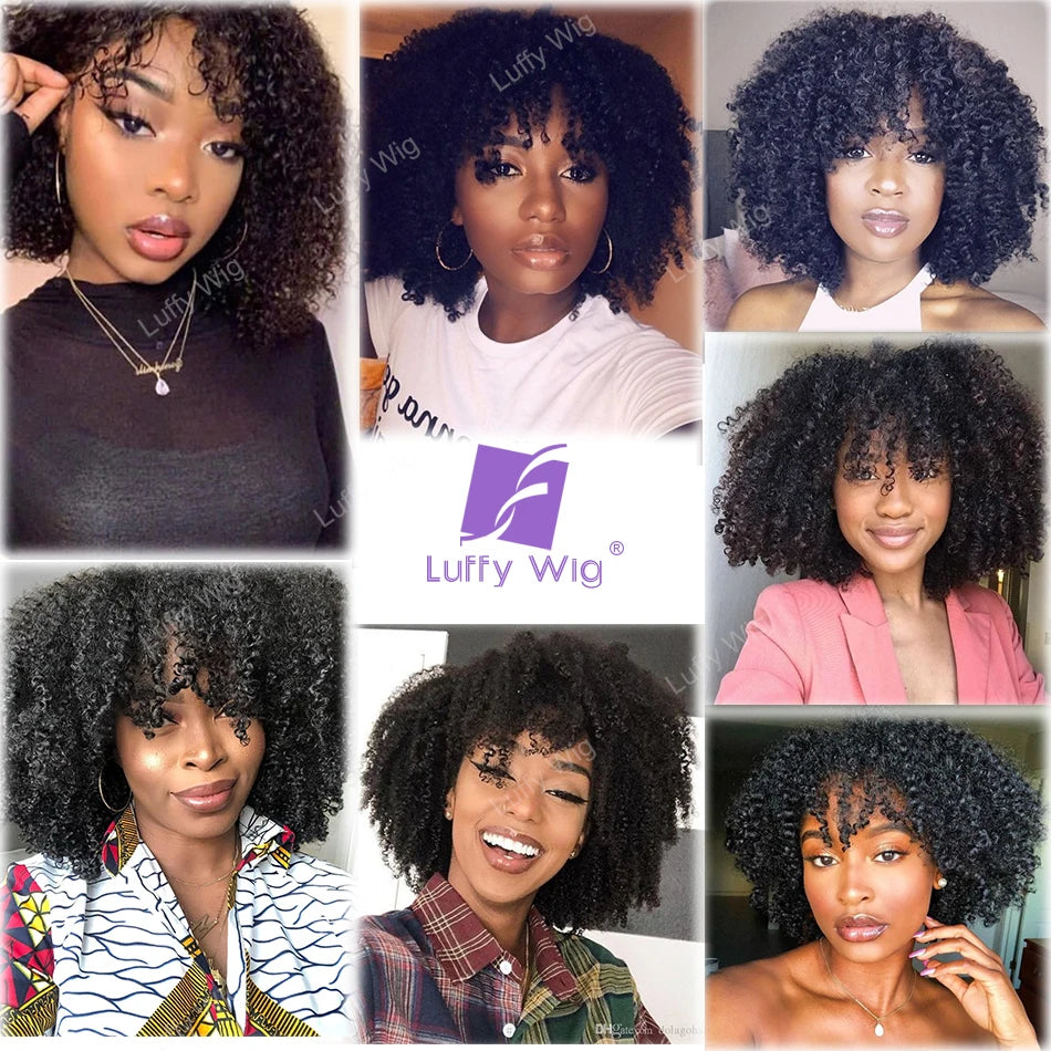 Full 200% Density Afro Kinky Curly Wig With Bangs