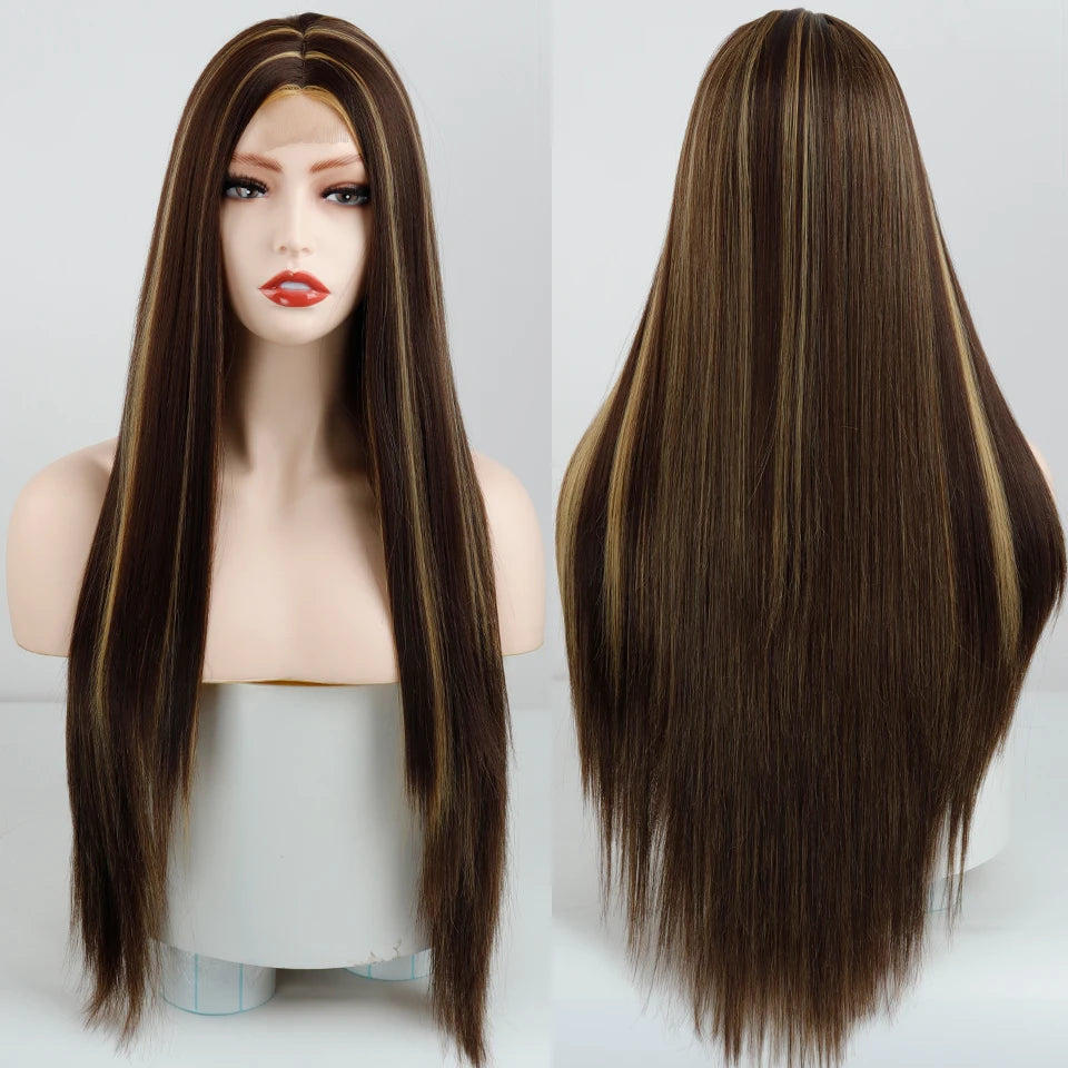 Synthetic Brown Mixed Blonde Long Straight Middle Part Wig