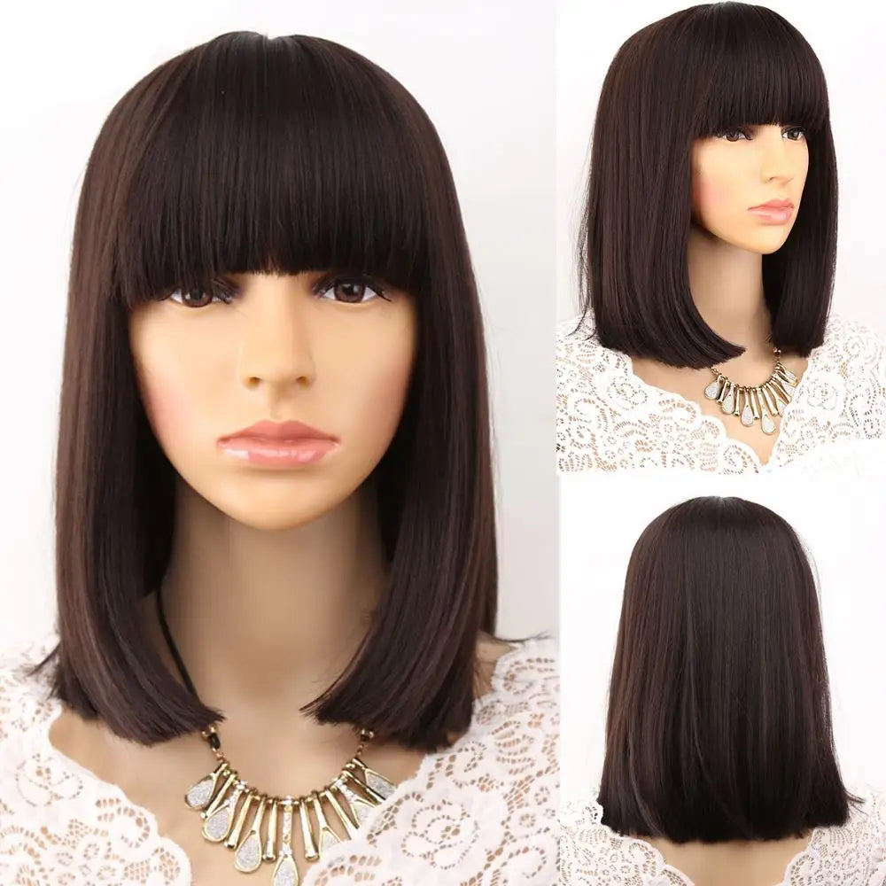 Straight Black Synthetic Wigs With Bangs