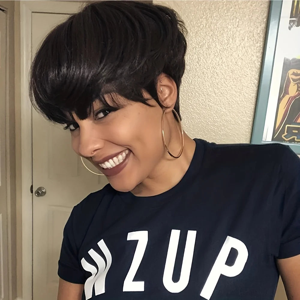 Glueless 100% Human Hair Pixie Cut Bangs Straight Remy Hair