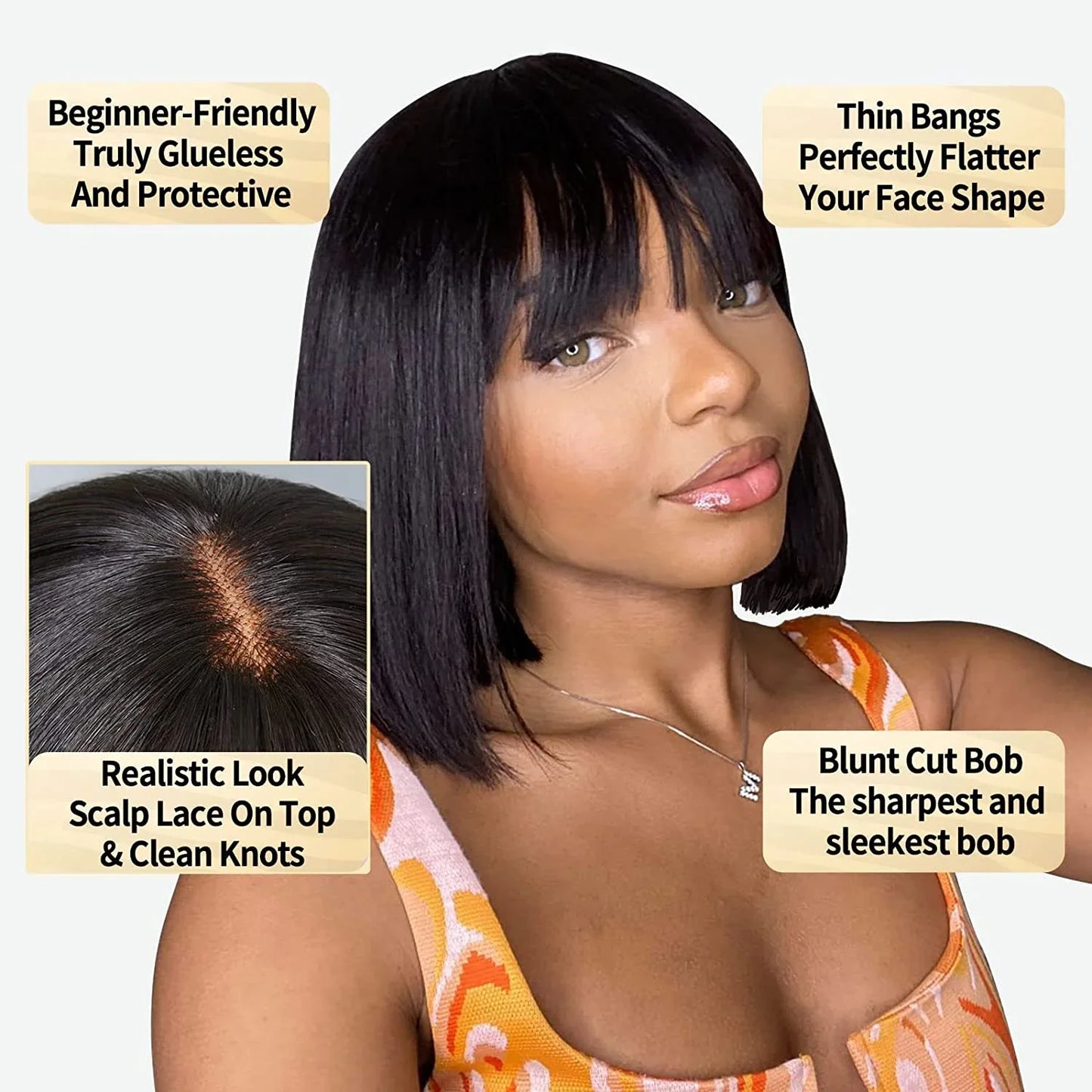 Short Straight Bob With Bangs Glueless Wigs 100% Brazilian Virgin Human Hair