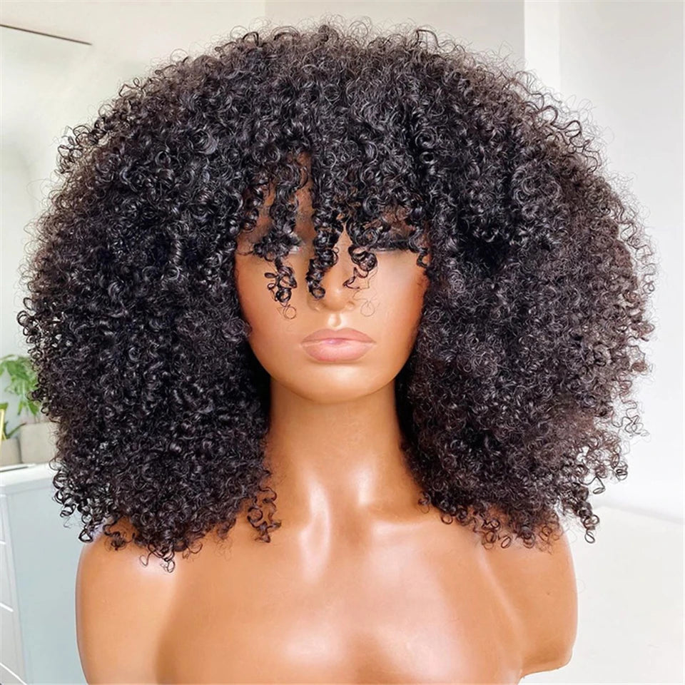 Afro Remy Brazilian Curly Human Hair with Bangs