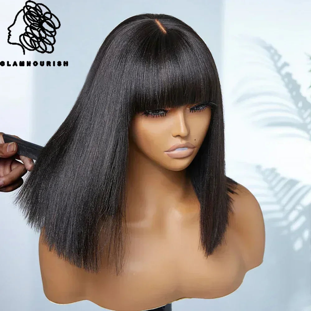 Straight Human Hair Bob Wig With Bangs Glueless Wigs Brazilian Human Virgin Hair Wigs 180 Density