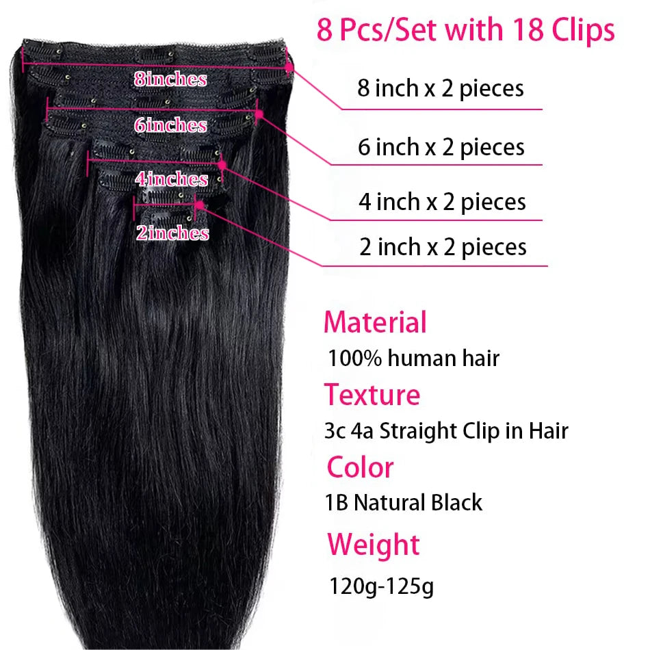 8Pcs/Sets Clip In Hair Extensions Human Hair 10-26 Inch Brazilian Remy Straight Hair