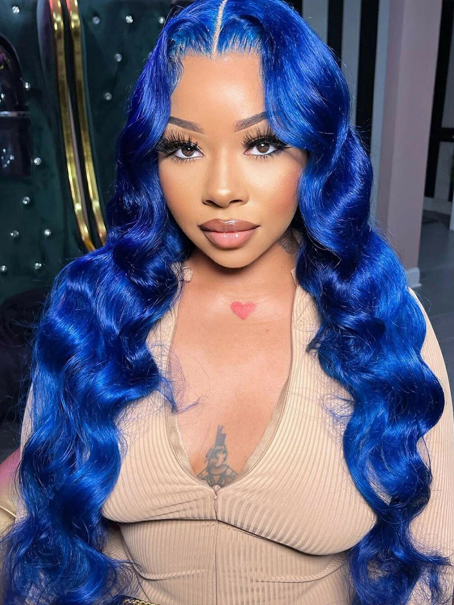 Blue Lace Front Body Wave Human Hair Wigs Brazilian HD Transparent Lace Pre Plucked