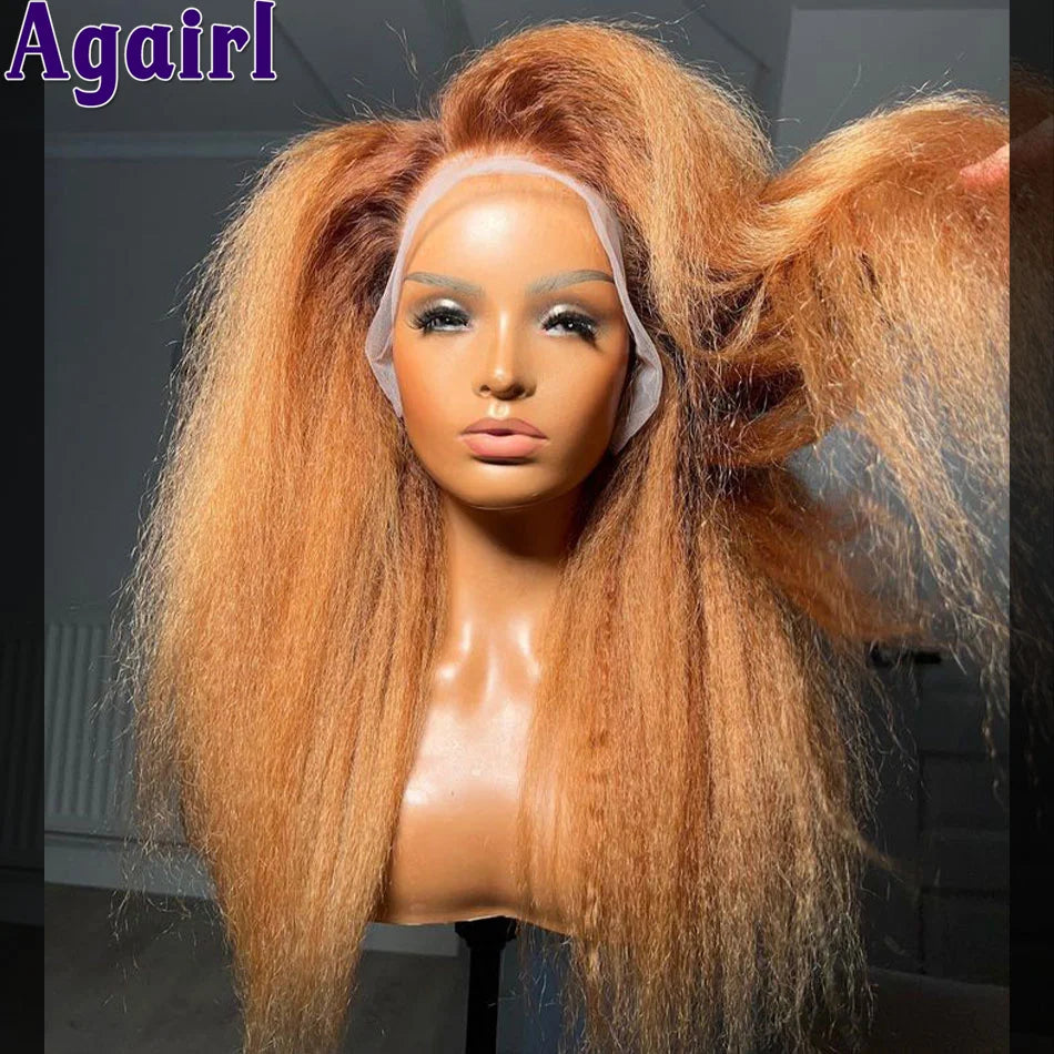 Orange Brown Yaki Kinky Straight Human Hair Wigs (Glueless Option)
