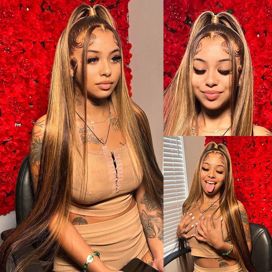 Bone Straight Highlight Lace Front Human Hair 4/27 Ombre Honey Blonde Colored Wig