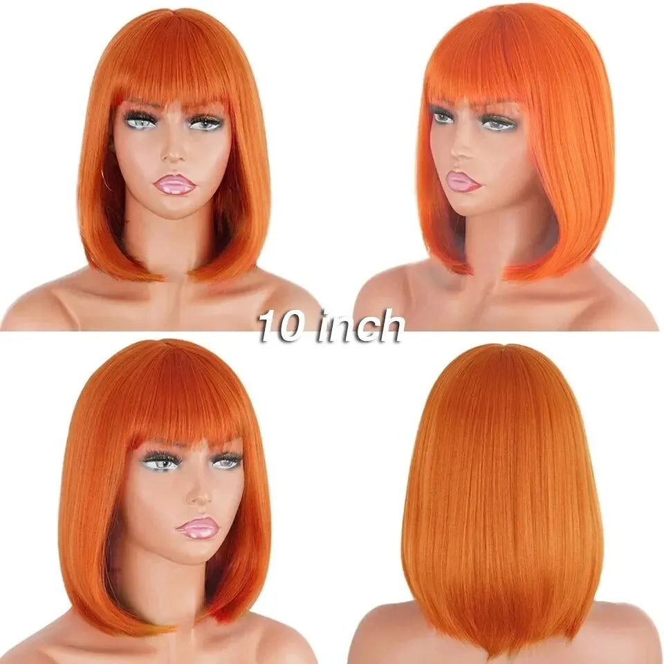 180 Density Glueless Orange Ginger Bob Wig With Bangs Human Hair