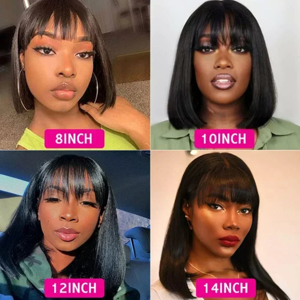 Straight Human Hair Bob Wig With Bangs Glueless Wigs Brazilian Human Virgin Hair Wigs 180 Density