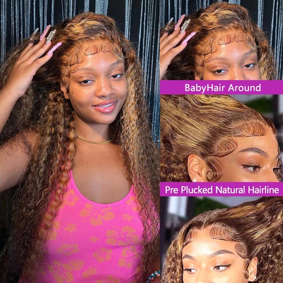 HD Lace Highlight Wig Human Hair Curly Colored Honey Blonde 360 Frontal Water Wave