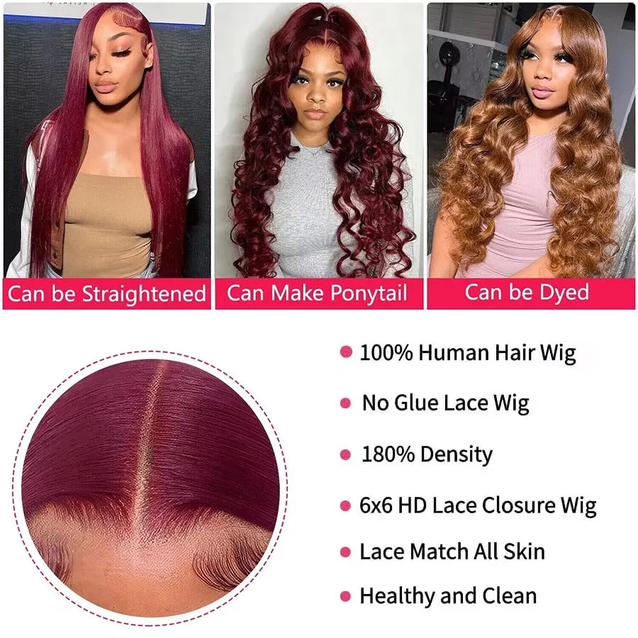 Glueless Wigs Human Hair Pre Cut Brazilian 99j Burgundy Body Wave Preplucked