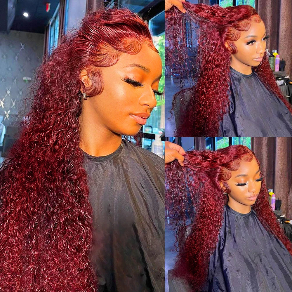 Deep Wave Burgundy Red Wig Colored Lace Front Human Hair Wig Curly