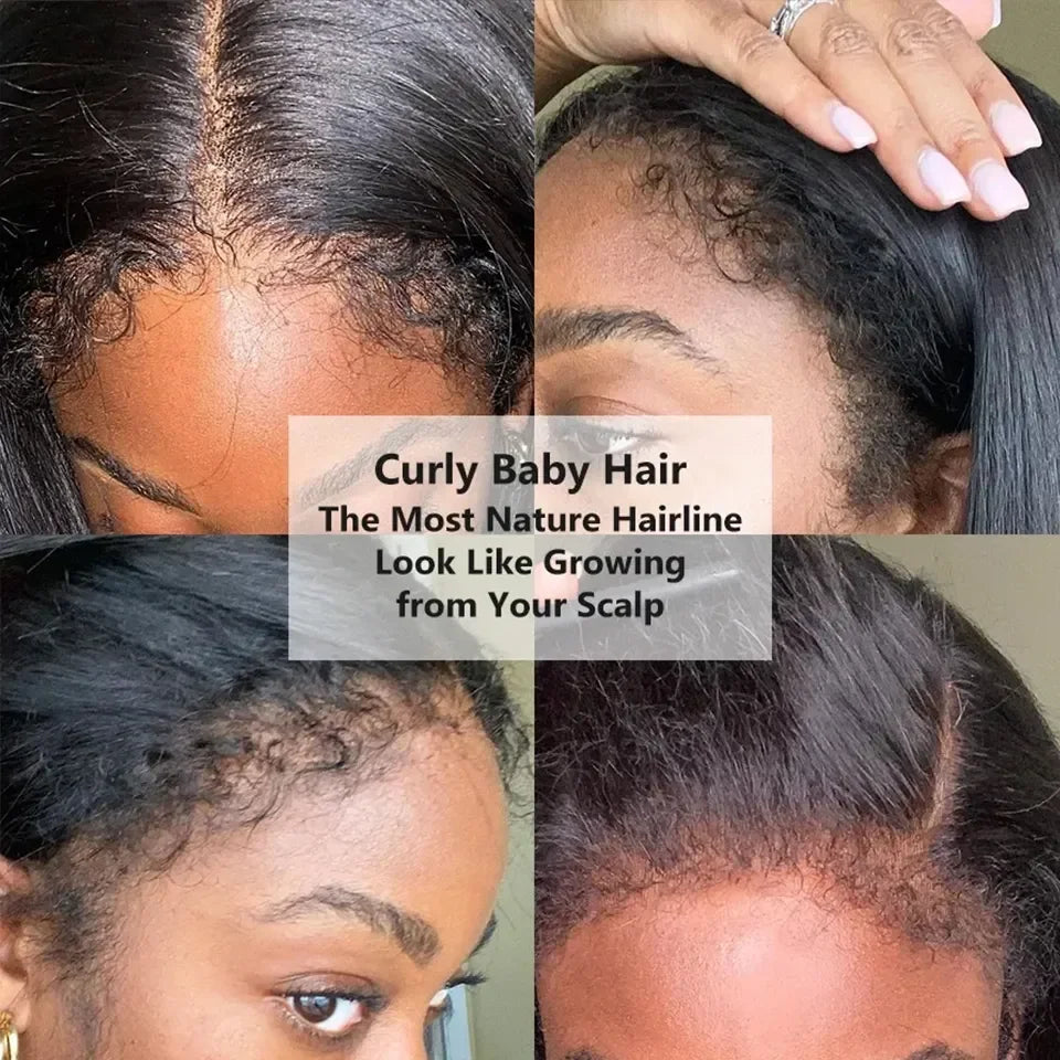 4C Glueless Preplucked Human Hair Wigs 150% Density Bone Straight Lace Front Curly Edges