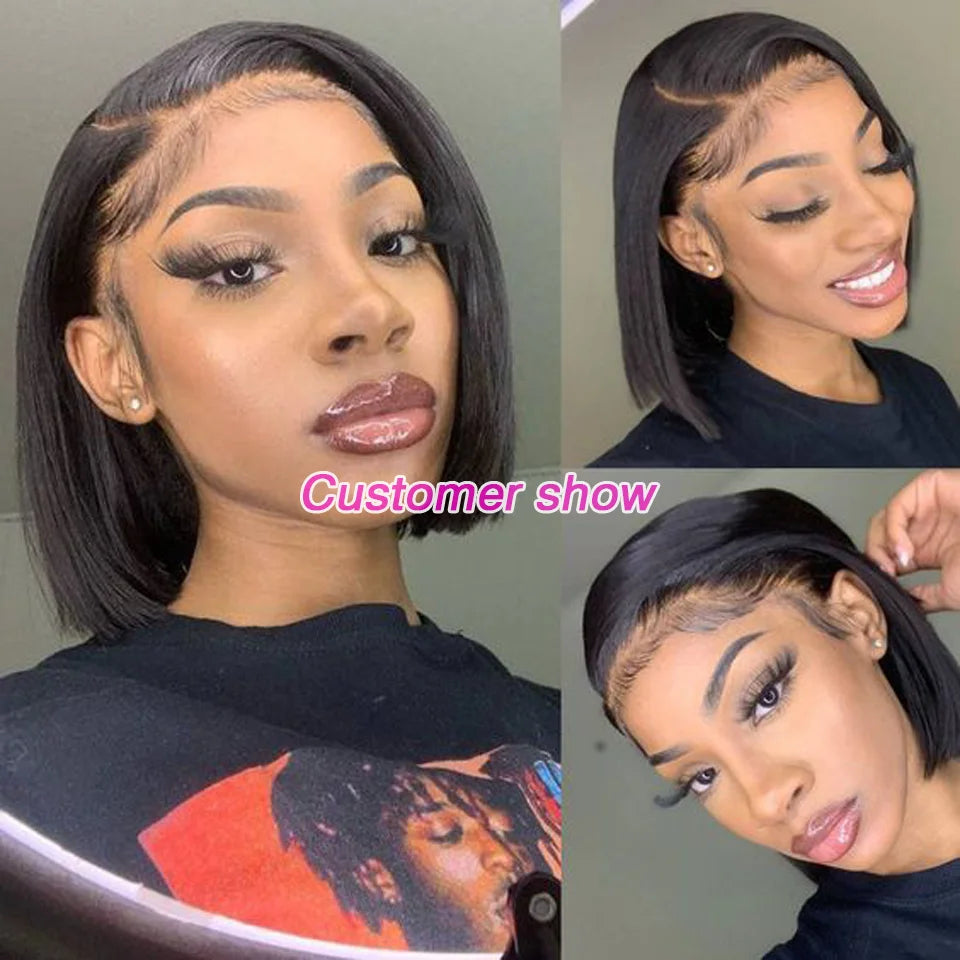 Short Bob Lace Front Straight Wig 13x1 T Part Human Hair Pre Plucked Brazilian Remy