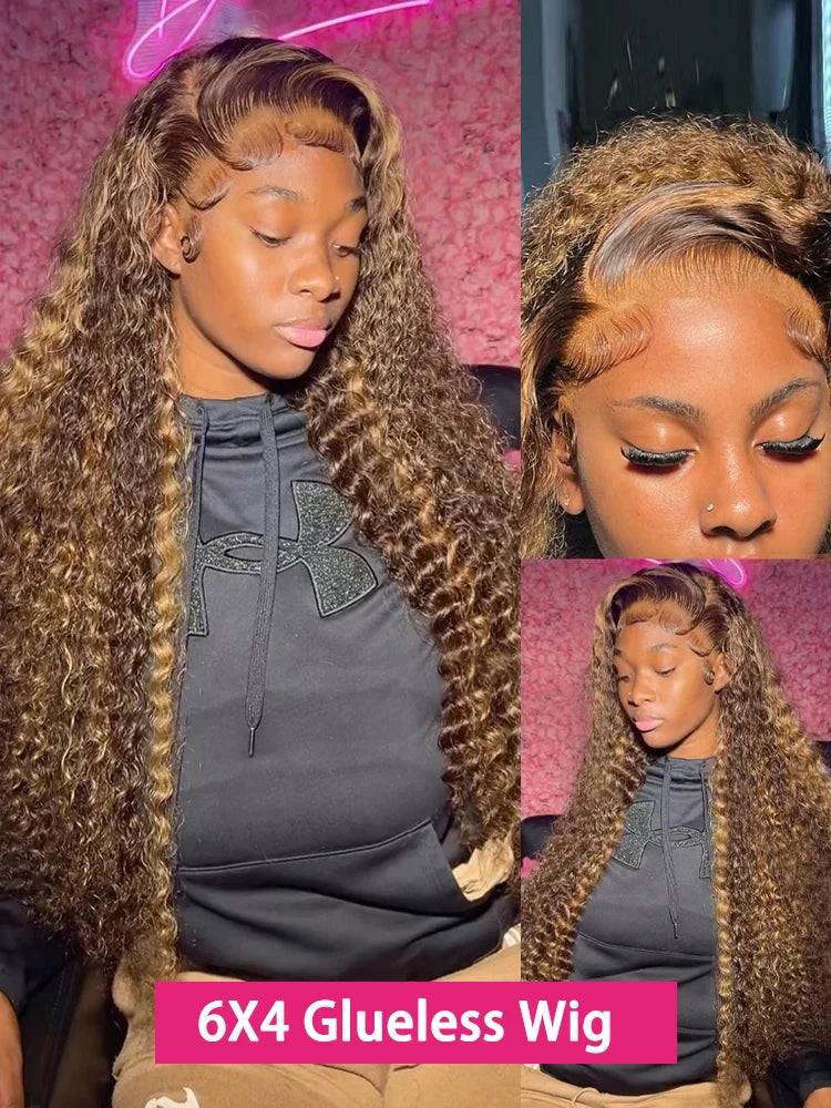 Loose Deep Wave Wig Human Hair Highlight Ombre 4/27 Preplucked Hairline Pre Cut (Glueless Option)