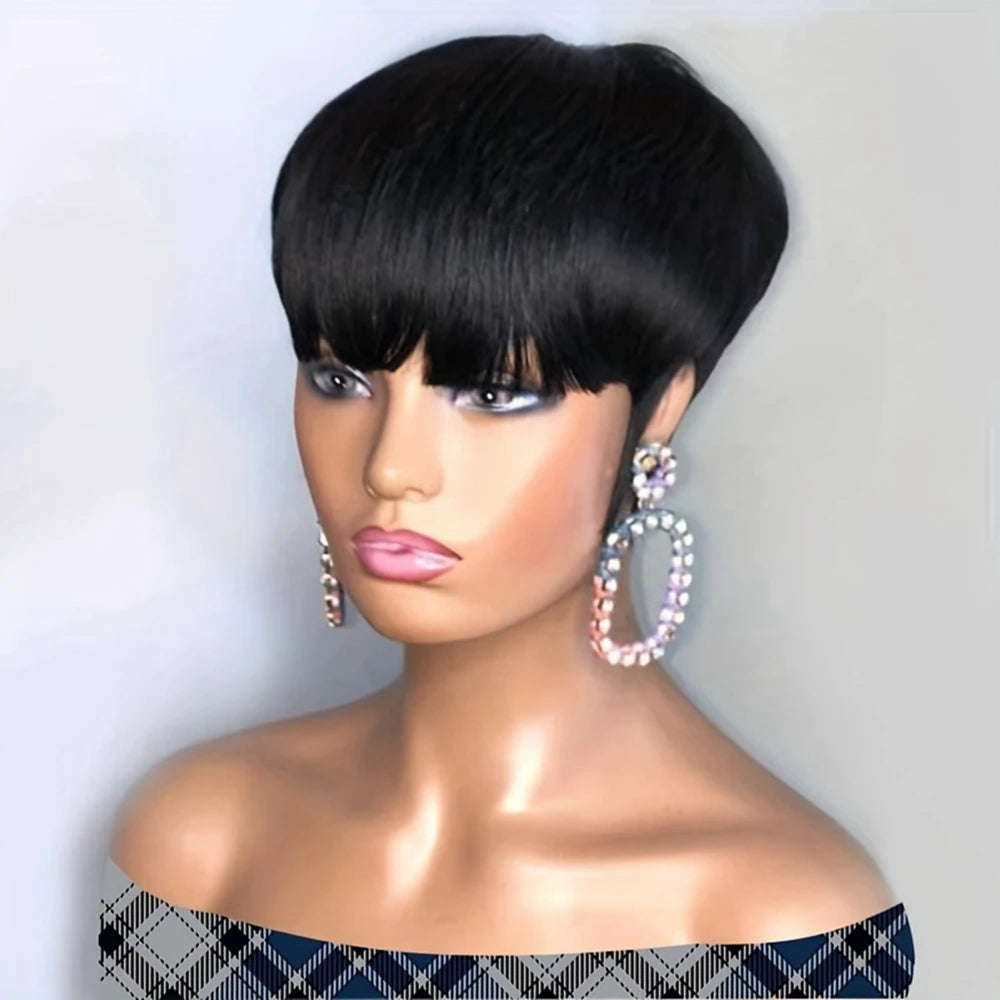 Glueless 100% Human Hair Pixie Cut Bangs Straight Remy Hair