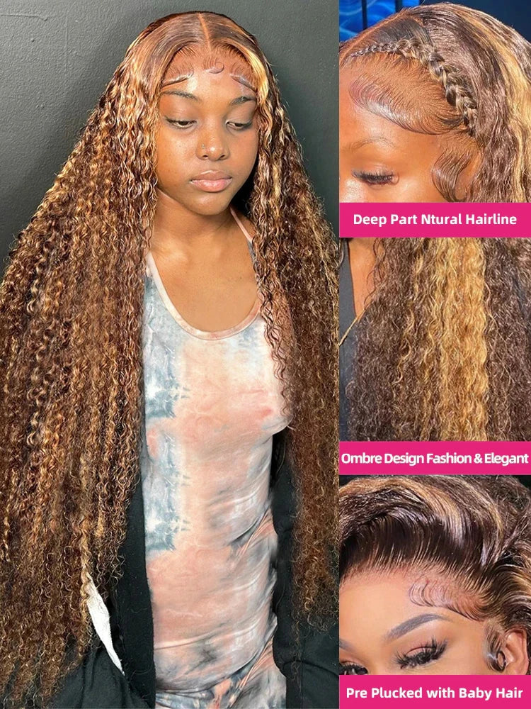 Loose Deep Wave Wig Human Hair Highlight Ombre 4/27 Preplucked Hairline Pre Cut (Glueless Option)