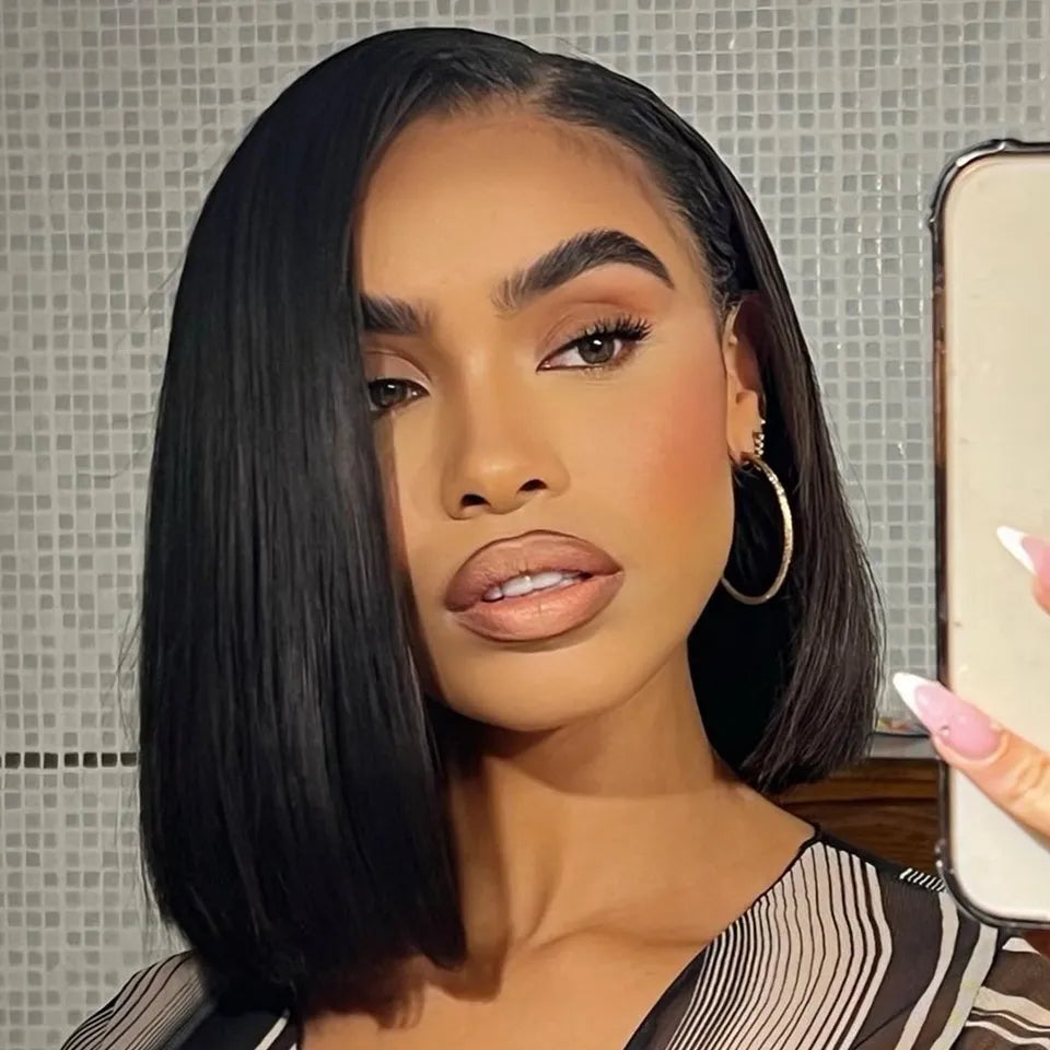 Indian Hair Straight Short Bob Lace Front Human Hair Wig 13x4 Transparent Lace Pre Plucked Free Part