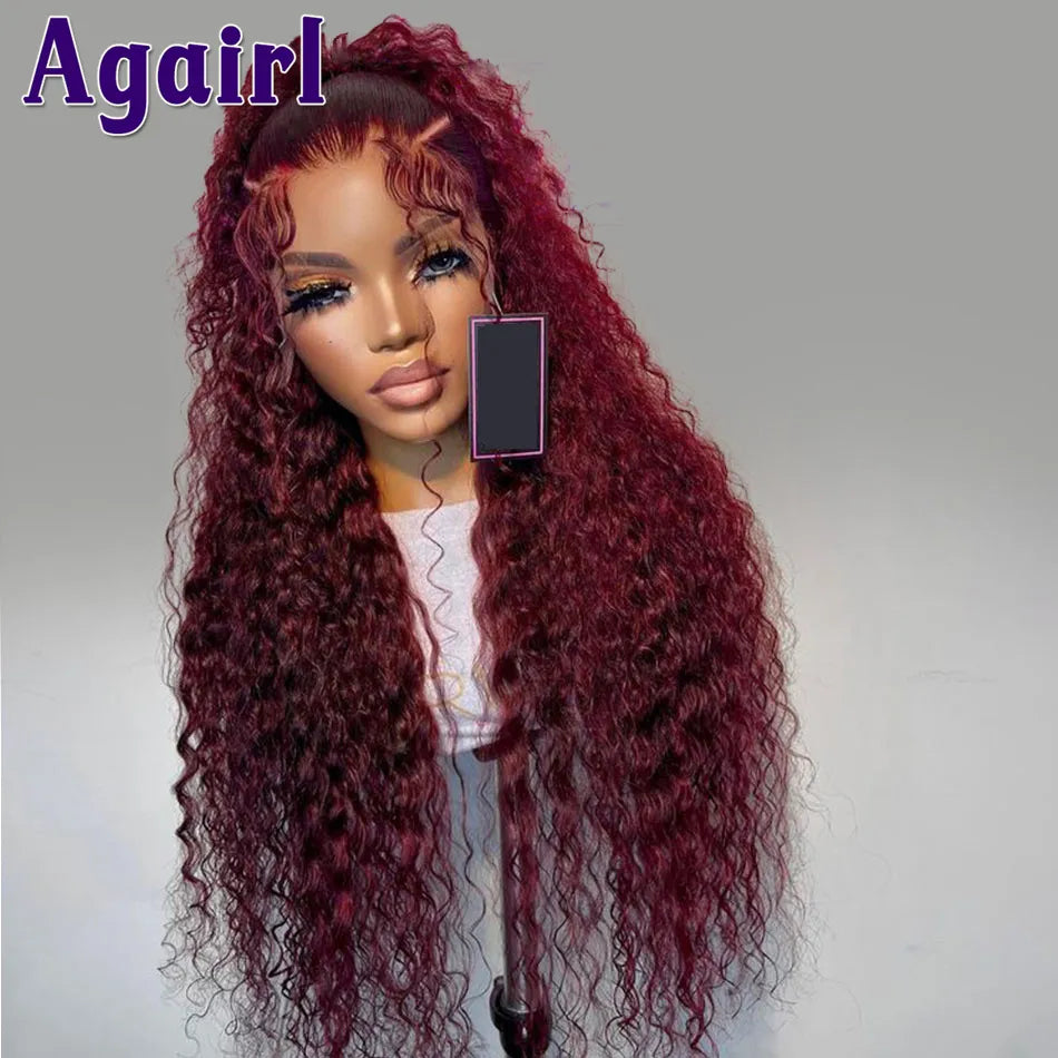 Dark Red Curly Human Hair Lace Frontal Wigs Brazilian Water Wave (Glueless Options)