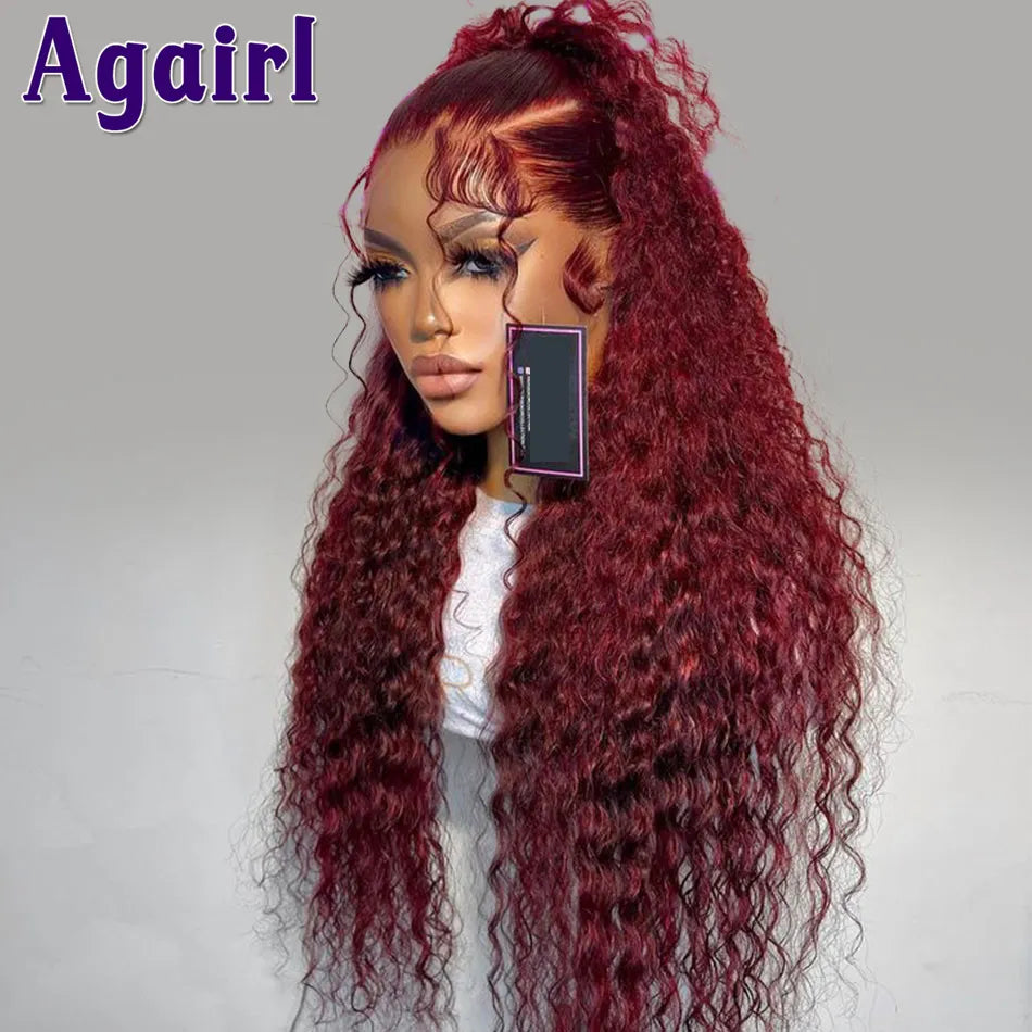 Dark Red Curly Human Hair Lace Frontal Wigs Brazilian Water Wave (Glueless Options)