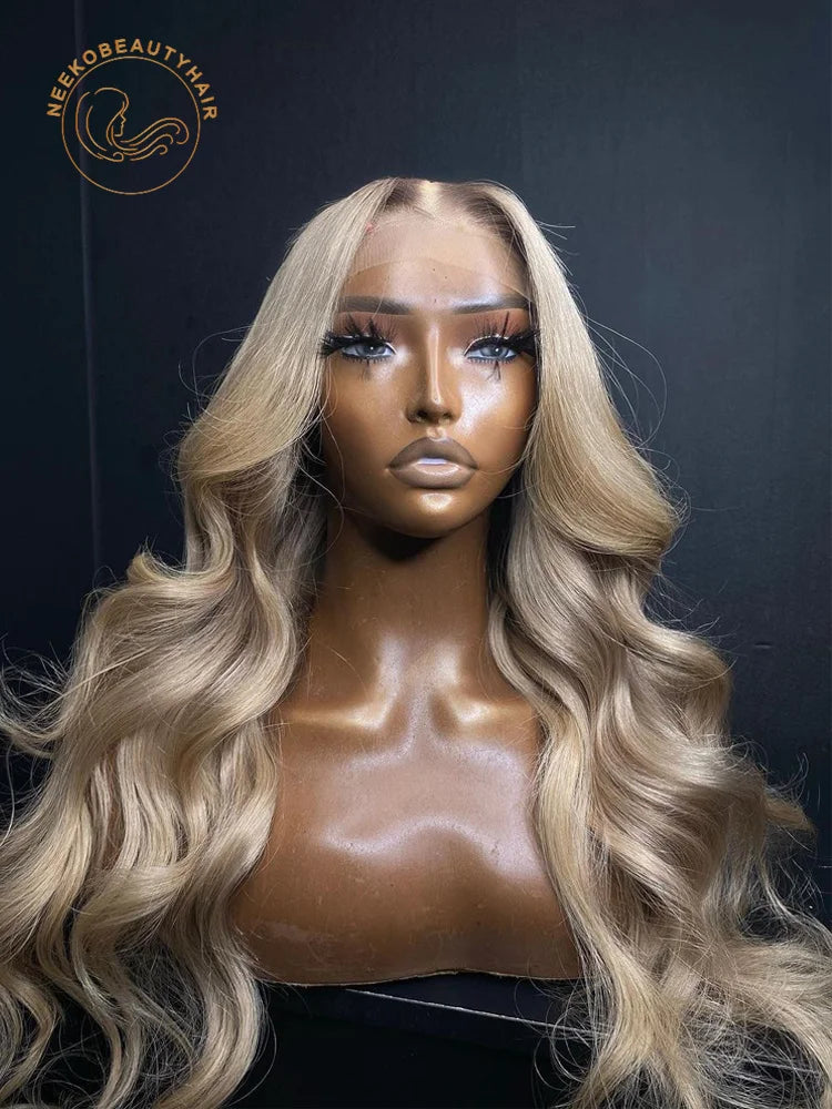 HD Transparent Lace Frontal Honey Blonde Colored Lace Front Wig Wavy Pre Plucked Wig