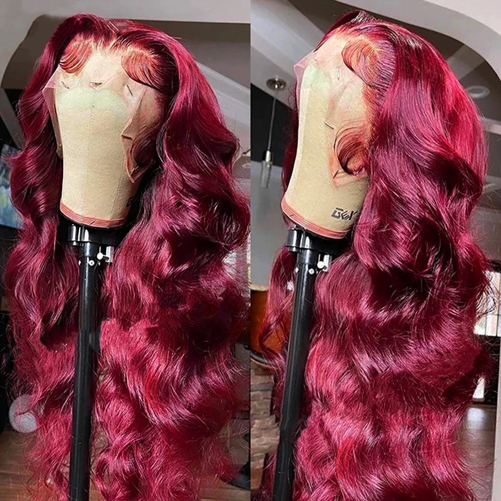 99J Burgundy HD Lace Front Wig Body Wave Red Colored Human Hair Wig