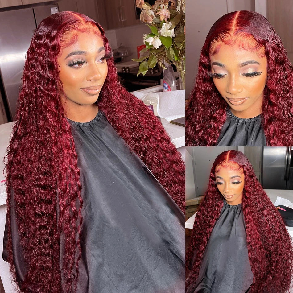 Deep Wave Burgundy Red Wig Colored Lace Front Human Hair Wig Curly