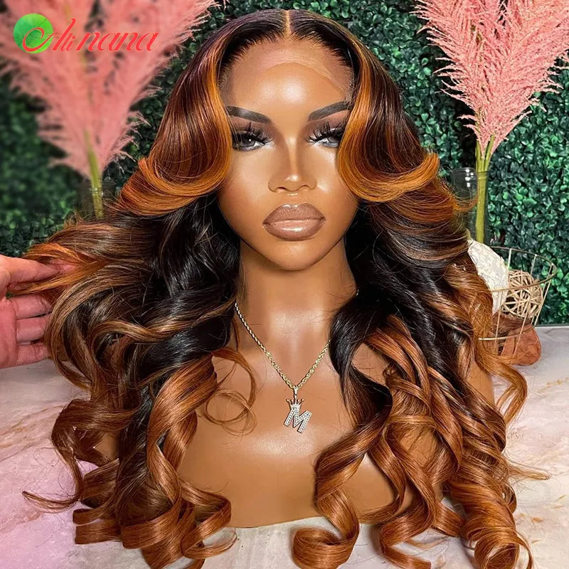 Ombre Ginger Brown Colored HD Transparent Lace Frontal Wig Wave Pre-Plucked 12A Grade
