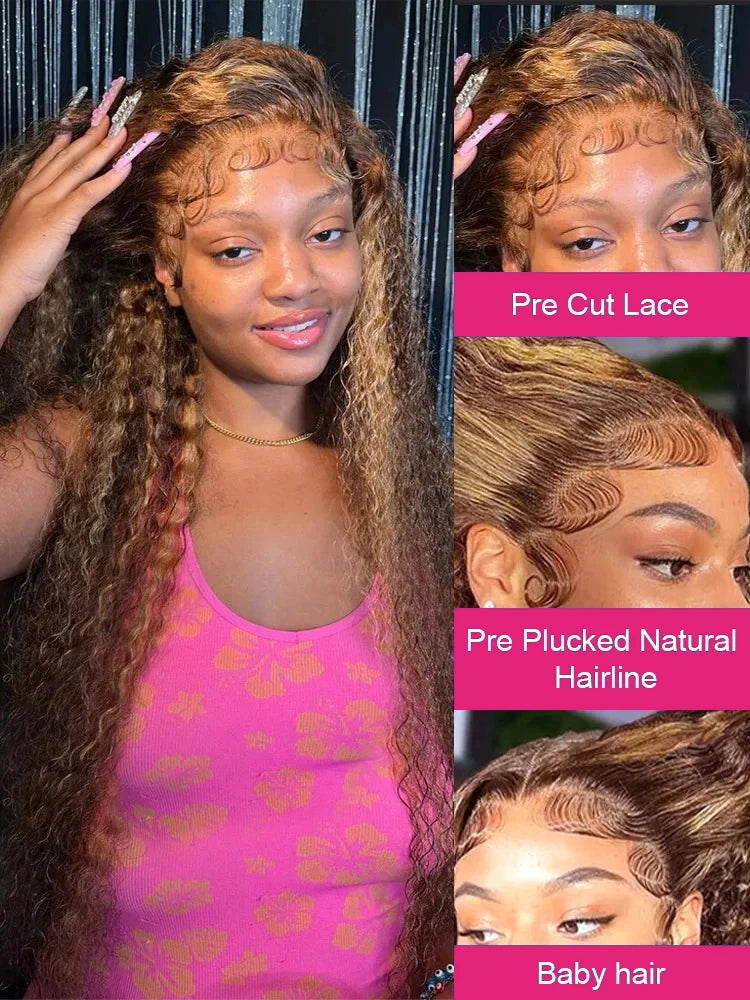 Loose Deep Wave Wig Human Hair Highlight Ombre 4/27 Preplucked Hairline Pre Cut (Glueless Option)