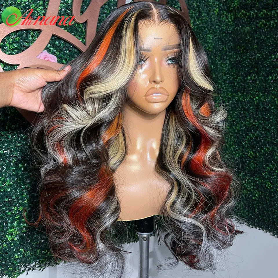 Highlights Orange Blonde Colored Straight|Body Wave Human Hair PrePlucked HD Lace Front Wig