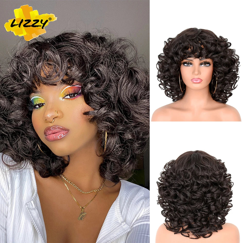 Short Synthetic Hair Afro Curly Wig With Bangs