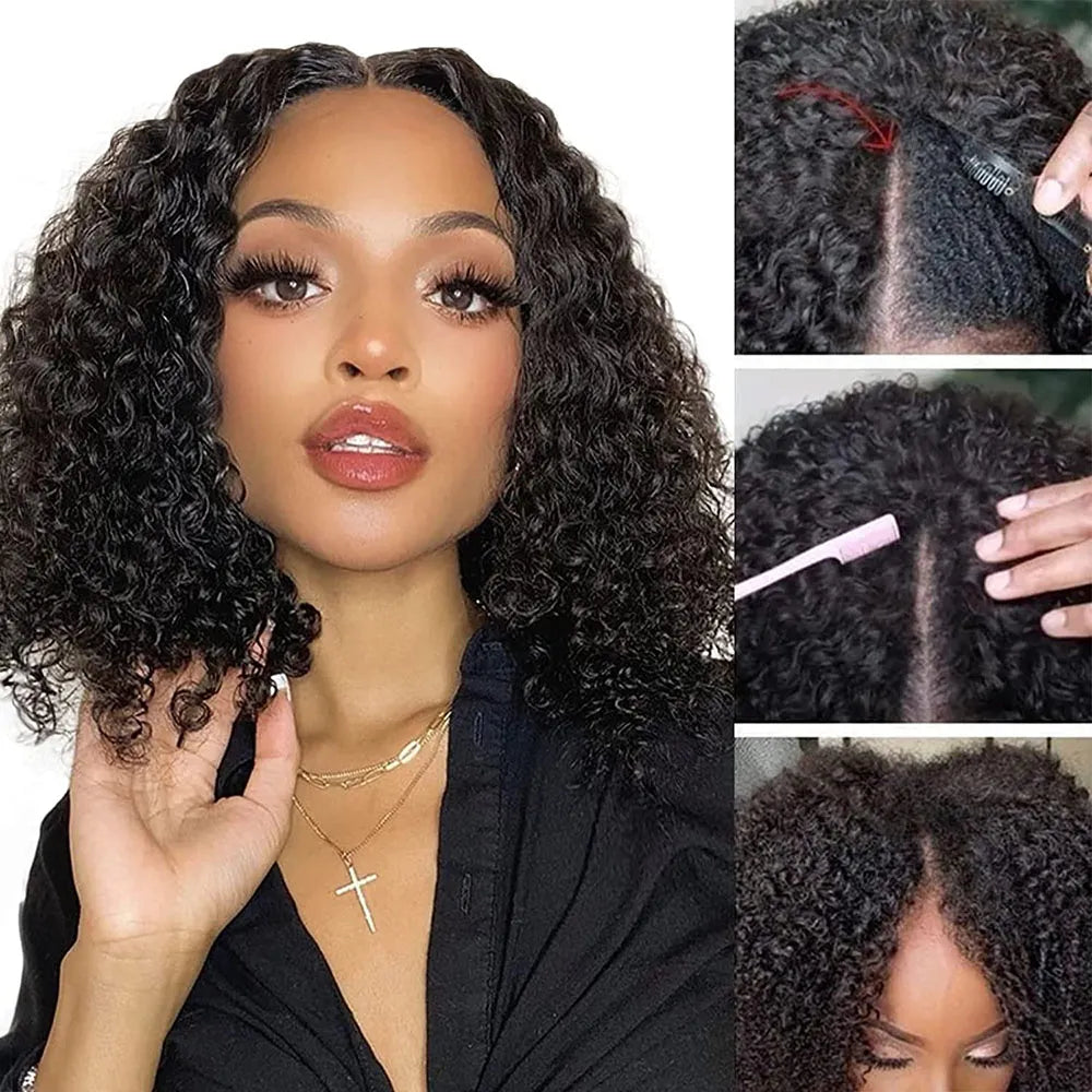 Short Bob Kinky Curly V Part Human Hair Wig