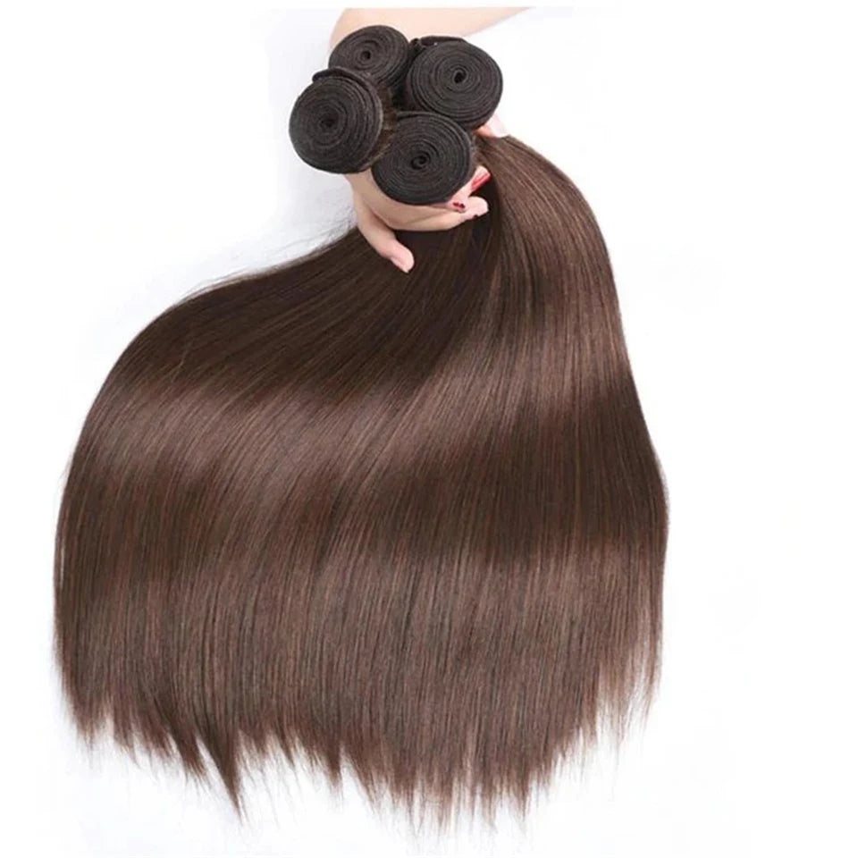 Four bundles of straight Brazilian Remy human hair, offering a smooth texture, high-quality wefts, and tangle-free styling options.
