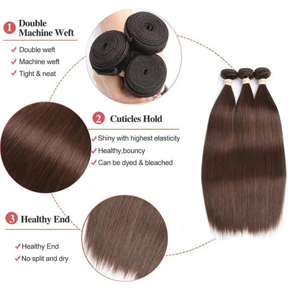 Three Brazilian Remy human hair bundles spread out to show soft, silky texture and premium quality ideal for various styles.