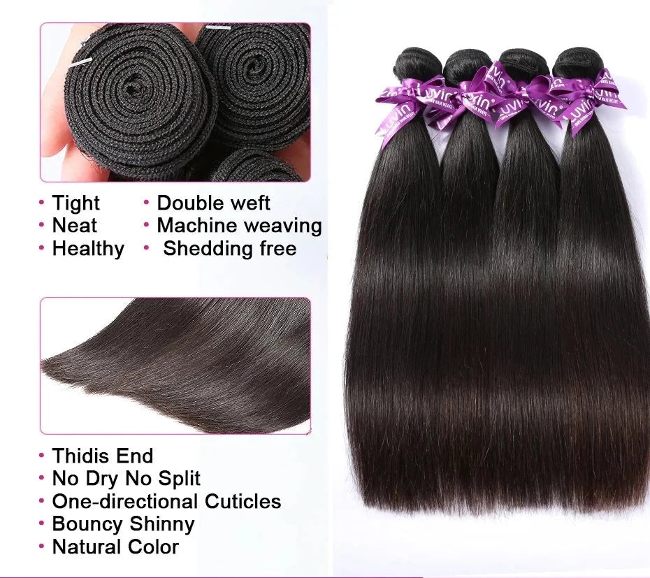 Natural Color Bone Straight Brazilian Remy Hair Weave Double Drawn Weft 100% Human Hair 2 Bundles Extension