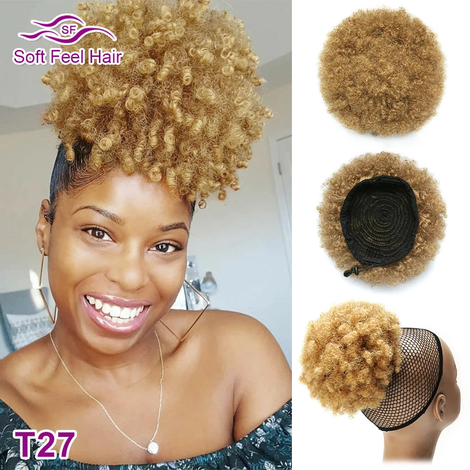 Afro Human Hair Bun Kinky Curly  Ponytail Clip In Hair Extensions