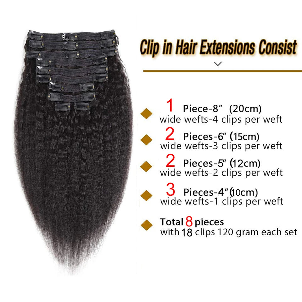 Kinky Brazilian Straight Clip In Human Hair Extensions 8Pcs/Pack Full Head