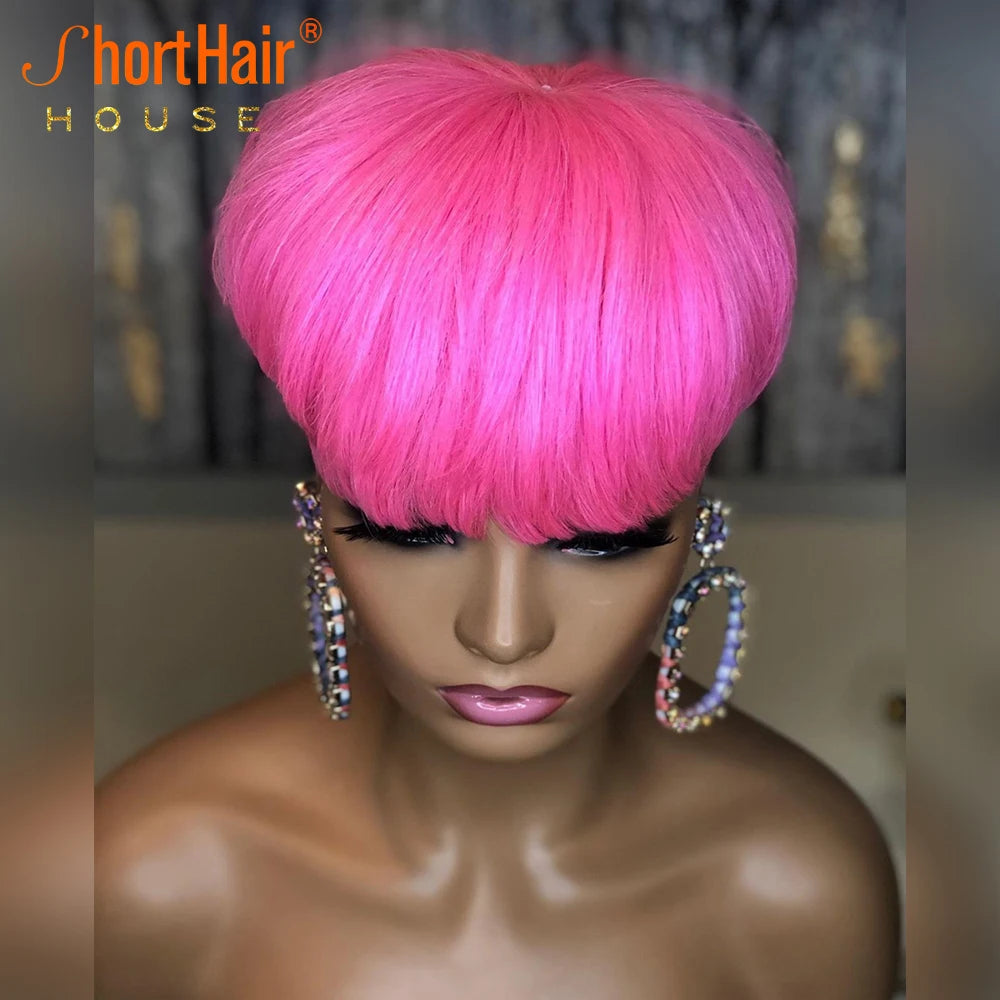 Pixie Short Cut Bob Wig with Bangs Brazilian Straight 100% Human Hair