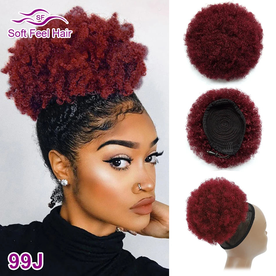 Afro Human Hair Bun Kinky Curly  Ponytail Clip In Hair Extensions