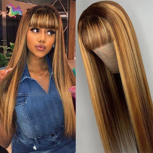 Straight Human Hair Wig Peruvian Honey Blonde Highlight With Bangs Glueless