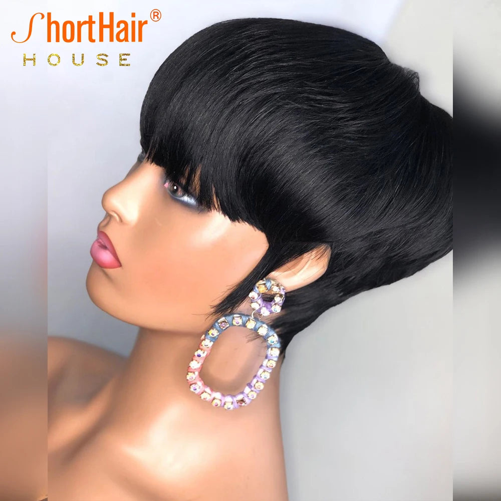 Pixie Short Cut Bob Wig with Bangs Brazilian Straight 100% Human Hair