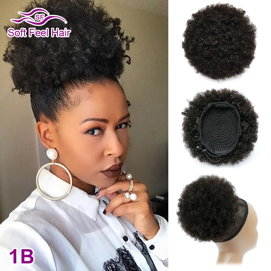 Afro Human Hair Bun Kinky Curly  Ponytail Clip In Hair Extensions