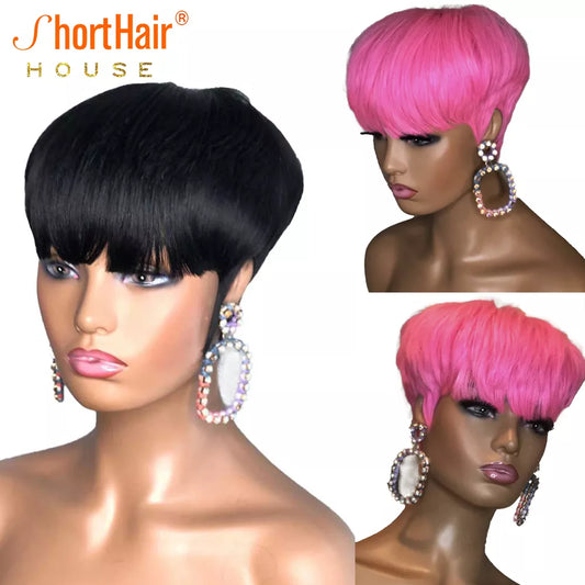 Pixie Short Cut Bob Wig with Bangs Brazilian Straight 100% Human Hair