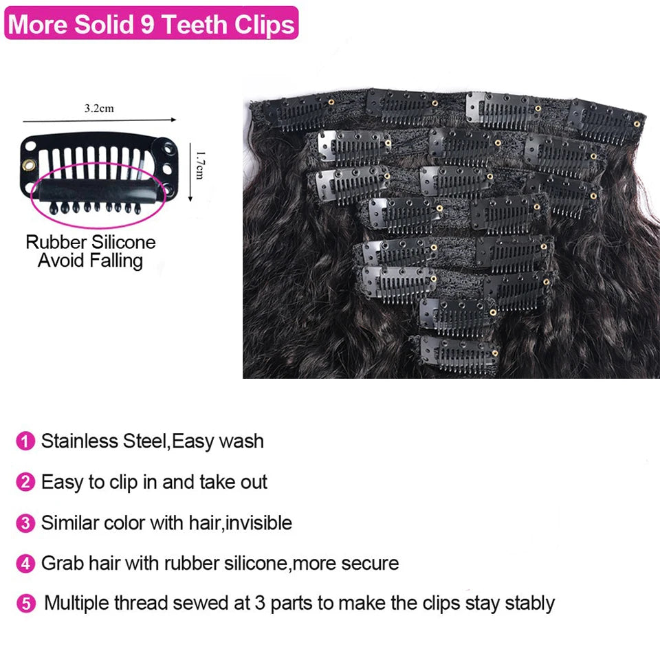 Kinky Brazilian Straight Clip In Human Hair Extensions 8Pcs/Pack Full Head