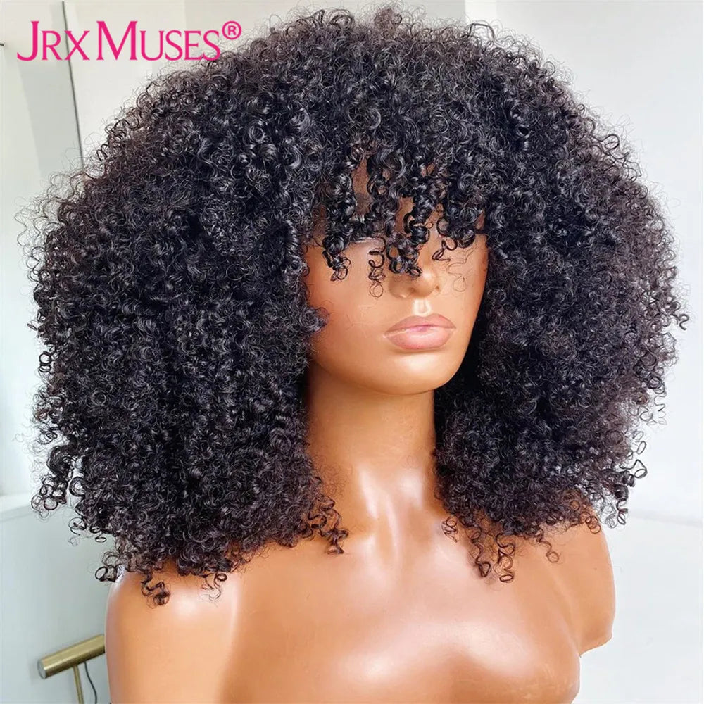 200 Density Curly Human Hair Wig With Bangs